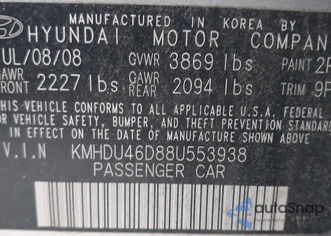 2008 Hyundai Elantra Gls/Se from USA, damaged, VIN KMHDU46D88U553938